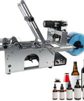 Slick Semi Automatic Label Applicator For Round Bottles With Built In Printer And Self Adhesive Coding System For Quick Turnaround And No Sweat Operation On Any Desktop, showcasing the machine with various bottle types.