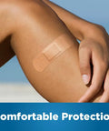 Person wearing Flexible Fabric Adhesive Bandages For Wounds And Scrapes, Breathable First Aid Supplies With Assorted Sizes on knee