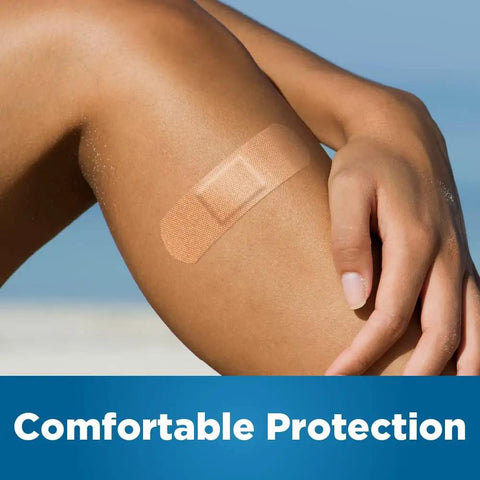 Person wearing Flexible Fabric Adhesive Bandages For Wounds And Scrapes, Breathable First Aid Supplies With Assorted Sizes on knee