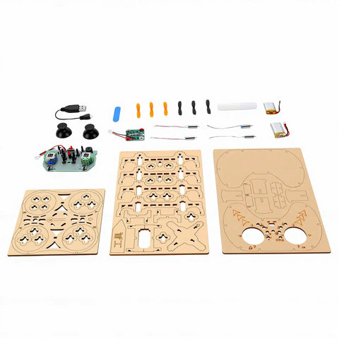 Wooden Drone Kit For Beginners With Protective Frame And One Key Takeoff DIY RC Quadcopter parts layout on white background