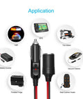 12V 24V Car Cigarette Lighter Extension Cord 6 Foot UL Listed 16 AWG Heavy Duty Wire With High Temperature Resistant Jacket For Dash Gadgets Phone Chargers GPS And Other Power Devices, shown with car, GPS, inflator, fridge