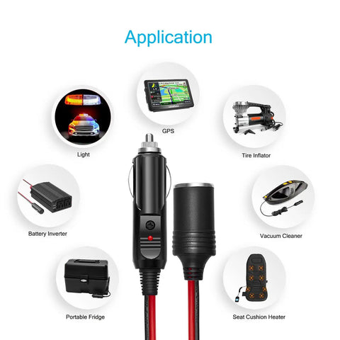 12V 24V Car Cigarette Lighter Extension Cord 6 Foot UL Listed 16 AWG Heavy Duty Wire With High Temperature Resistant Jacket For Dash Gadgets Phone Chargers GPS And Other Power Devices, shown with car, GPS, inflator, fridge