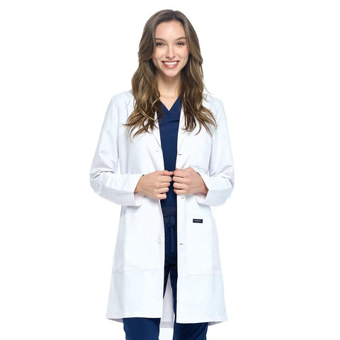 Unisex Lab Coat 35 Inch White Medical Coat With Notched Collar, Four Button Front, worn by model, ideal for clinic rounds