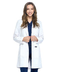 Unisex Lab Coat 35 Inch White Medical Coat With Notched Collar, Four Button Front, displayed on model with scrubs