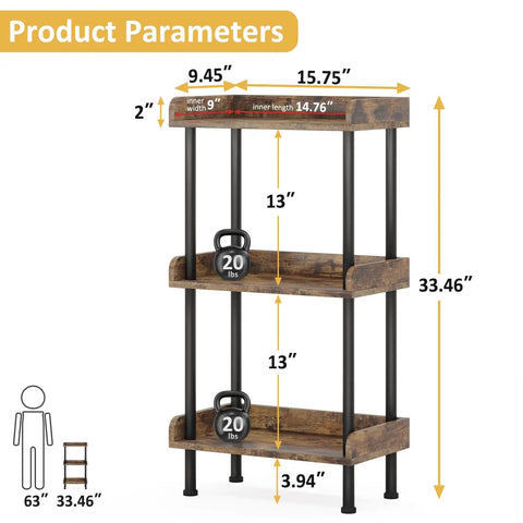 Small Three Tier Wooden Bookshelf With Totally Sturdy Frame And Rounded Safety Corners For Home Office dimensions and weight shown.