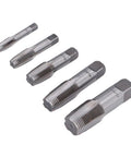 5 Piece NPT Pipe Tap Set In Carbon Steel With Accuracy Ground Threads And Square Shank For Plumbing And Automotive Threading Includes 3/4 1/2 3/8 1/4 And 1/8 Inch Beefy Heavy Duty Tool For Quick Repairs And Long Life. Five carbon steel NPT pipe taps shown in sizes 3/4 to 1/8 inch