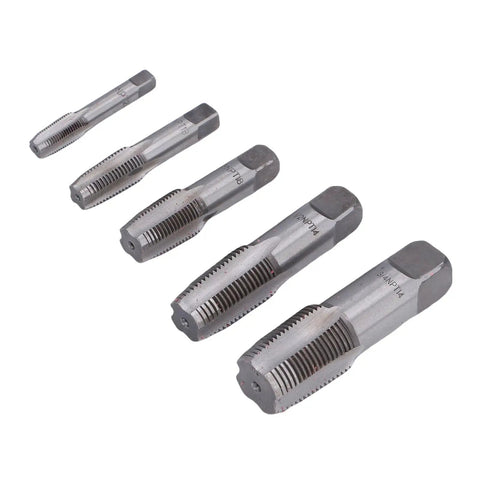 5 Piece NPT Pipe Tap Set In Carbon Steel With Accuracy Ground Threads And Square Shank For Plumbing And Automotive Threading Includes 3/4 1/2 3/8 1/4 And 1/8 Inch Beefy Heavy Duty Tool For Quick Repairs And Long Life. Five carbon steel NPT pipe taps shown in sizes 3/4 to 1/8 inch