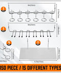 150 Piece Pegboard Hooks Set With Bins, 15 Types Heavy Duty Metal Hooks dimensions chart
