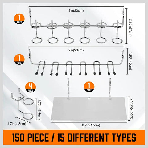 150 Piece Pegboard Hooks Set With Bins, 15 Types Heavy Duty Metal Hooks dimensions chart