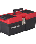 Lockable 16 Inch Tool Box With Portable Tray, Comfort Grip Handle, Front Metal Latch, Red And Black, Keeps Your Gear Safe