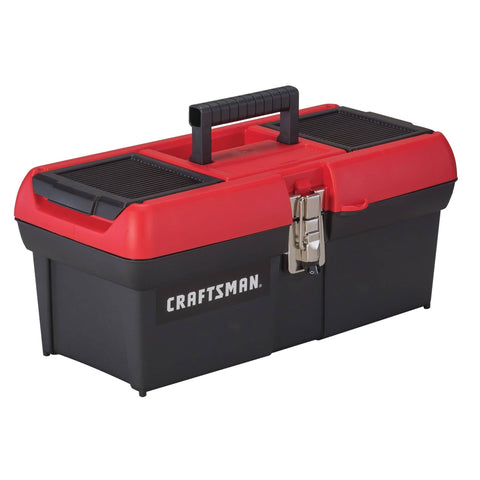 Lockable 16 Inch Tool Box With Portable Tray, Comfort Grip Handle, Front Metal Latch, Red And Black, Keeps Your Gear Safe