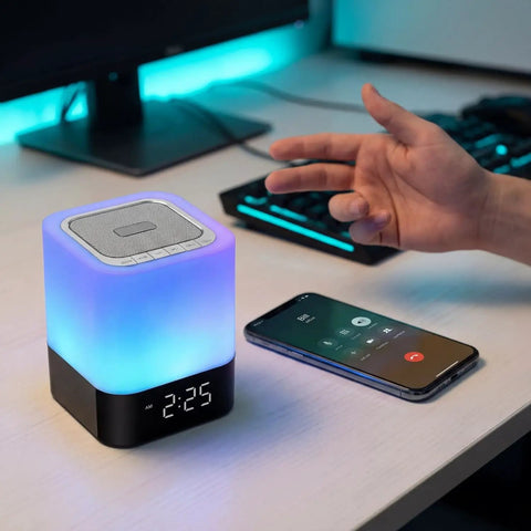 Five In One Night Light Bluetooth Speaker Alarm Clock MP3 Player With Touch Sensor LED Lamp bedside light on desk next to phone