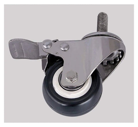 Heavy Duty Furniture Caster Wheels With Brake Silent Polyurethane Rollers For Tables And Desks Double Bearing Swivel Casters M10 Thread 304 Stainless Steel 4 Pack close-up angle of a single caster wheel with brake and screw mount.