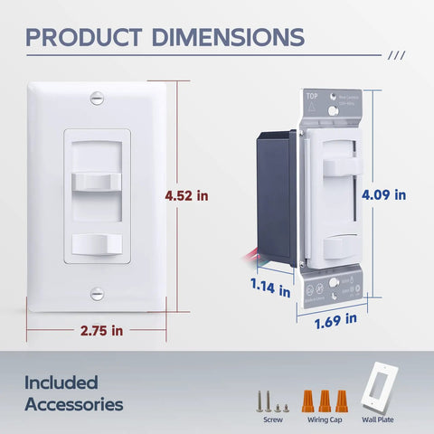 Dimensions of Single Pole And 3-Way No-Fuss LED Dimmer Switch For Dimmable LED And CFL And 600W Halogen And Incandescent Bulbs