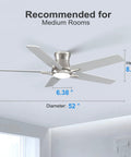 Slick 52 Inch Flush Mount Ceiling Fan With Bright Dimmable Lights And Wireless Remote Quiet Six Speed Brushed Nickel low profile design for medium rooms.