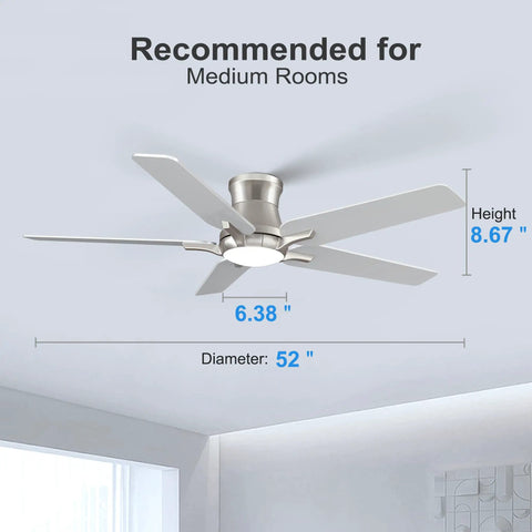 Slick 52 Inch Flush Mount Ceiling Fan With Bright Dimmable Lights And Wireless Remote Quiet Six Speed Brushed Nickel low profile design for medium rooms.