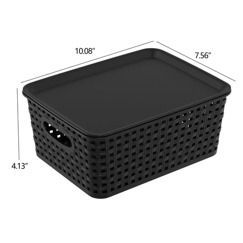 Six Pack Plastic Storage Baskets With Lids For Easy Organization, Stackable Ventilated Bins BPA Free Durable Black Storage Containers