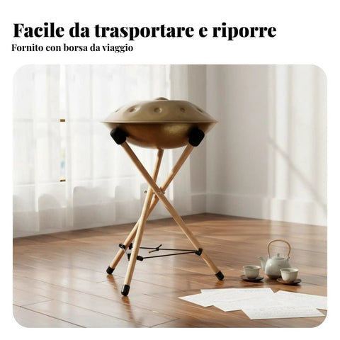 Heavy Duty Beech Wood Drum Rack With Rock Solid Tripod Frame And Adjustable Rope Fastening Foldable Portable Steel Drum Stand For Band Pros With Thick Foam Padding Large Tour Ready Setup in a cozy room.