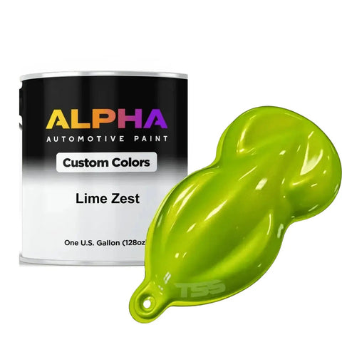 Epic Lime Zest Basecoat Paint Boasting a Dope Gold Pearl Glow Arrives Ready To Spray Inside a Massive 128 Oz Gallon with lime green sample.