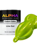 Epic Lime Zest Basecoat Paint Boasting a Dope Gold Pearl Glow Arrives Ready To Spray Inside a Massive 128 Oz Gallon and a sample swatch.