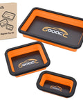 Orange Silicone Collapsible Magnetic Parts Tray Set In Three Sizes, Foldable Tool Trays showing packaging and product view