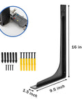 Beefed-Up Heavy Duty 16x9.5 Inch L Shelf Brackets Set of 4, Die-Cast Alloy, 90 Degree Corner Brace with screws and tools shown