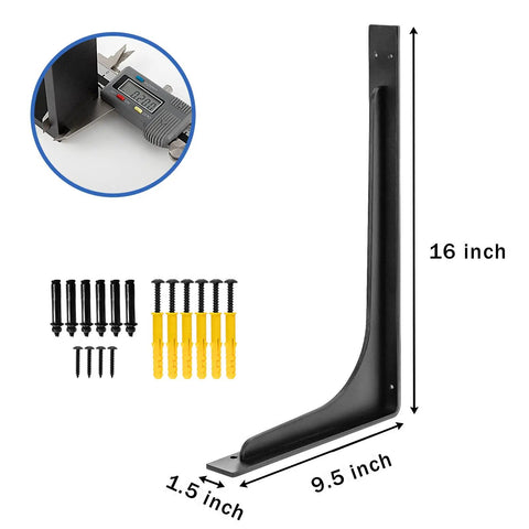Beefed-Up Heavy Duty 16x9.5 Inch L Shelf Brackets Set of 4, Die-Cast Alloy, 90 Degree Corner Brace with screws and tools shown