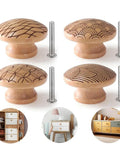 Handmade Mushroom Wood Cabinet Knobs 4 Pack With Unique Engraved Patterns for cabinets and dressers, boho style.