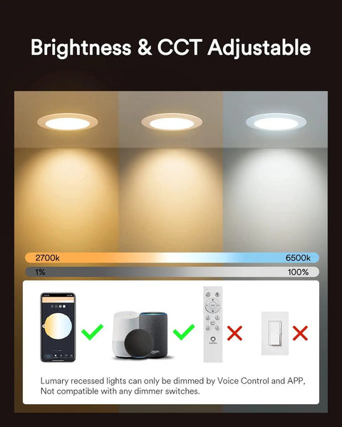 Smart 4 Inch Canless LED Recessed Light Kit, 9W 780 Lumen Color Changing Downlight Wi-Fi Bluetooth, brightness and CCT adjustable
