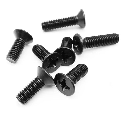 Rock Solid Black Carbon Steel Phillips Countersunk Head Screws M2x10mm 100 Piece Pack on a light background.