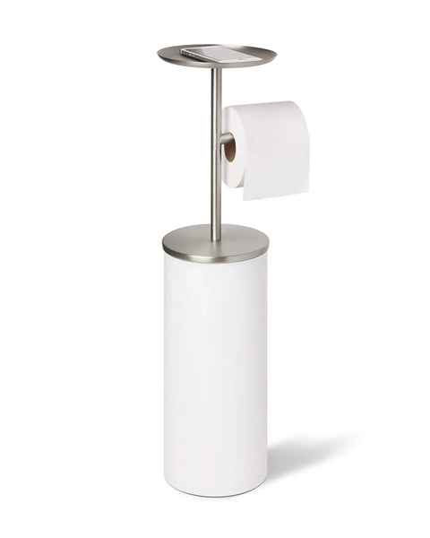 Portaloo Toilet Paper Stand And Reserve With Built In Tray In White Nickel Finish Slick Chrome Accents Space Saving Bathroom Organizer For Toilet Paper Phone Keys And More