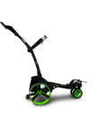 Top Tier Electric Golf Push Cart Bundle With All Terrain Folding Caddy compact design with green wheels for easy maneuverability.