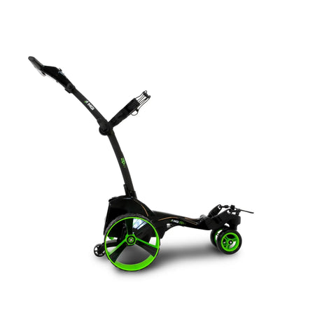 Top Tier Electric Golf Push Cart Bundle With All Terrain Folding Caddy compact design with green wheels for easy maneuverability.