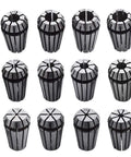 Set of 12 ER16 collets in various sizes from 1/32 to 3/8 inch, made from 1065 carbon steel for CNC milling and lathe tooling and workholding.