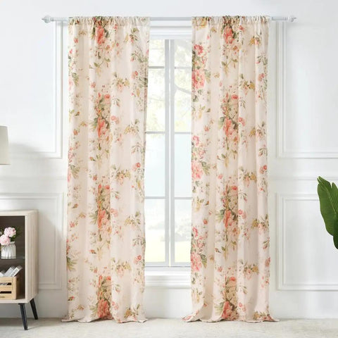 Buttercup Floral Curtain Panel Set, 42W X 84L Inches Each, Lined, Two Panels With Tiebacks, Traditional Garden Style, 2 Pack