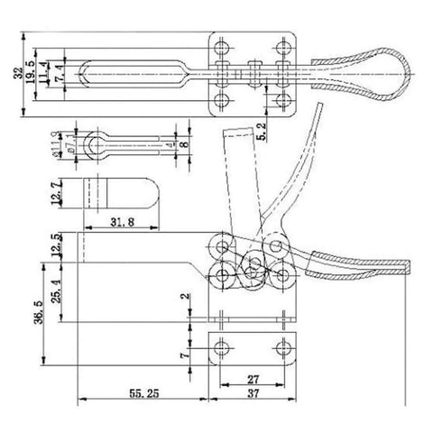 Technical drawing of 4 Pack Toggle Clamp 201B Heavy Duty Quick Release Horizontal Clamps With 198 Lbs Holding Capacity Antislip Grip