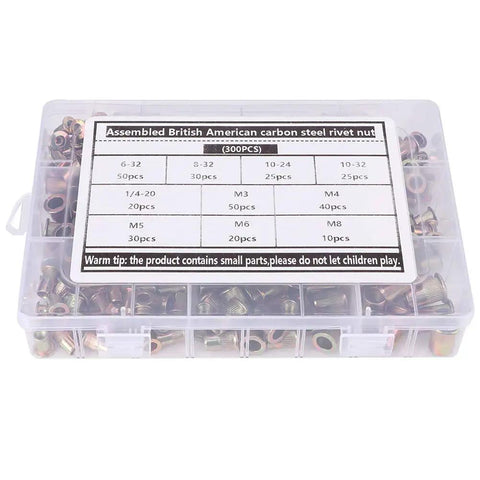 300 Pcs Carbon Steel Rivet Nut Kit With Color Zinc Plated Finish, Metric And Inch Sizes, organized in a clear box.