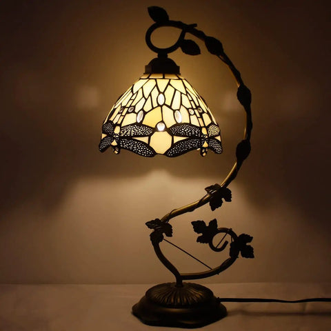 Amber Tiffany Style Dragonfly Table Lamp With Stained Glass Shade And Metal Leaf Base, cozy reading light, bronze finish