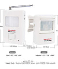 Dog Barking Alarm Motion Detector Doorbell With PIR Wireless Sensor And Receiver, white, showing dimensions and sensor details.
