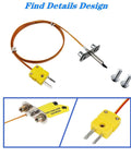 Thermocouple probe kit with yellow two-pin plug, copper sensor wire, mounting bracket and two screws (front view)