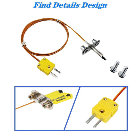 Thermocouple probe kit with yellow two-pin plug, copper sensor wire, mounting bracket and two screws (front view)