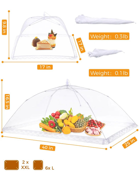 Outdoor Food Cover Set With Two Extra Large 40 By 25 Inch And Six Large 17 By 17 Inch Pop Up Mesh Food Tents with food