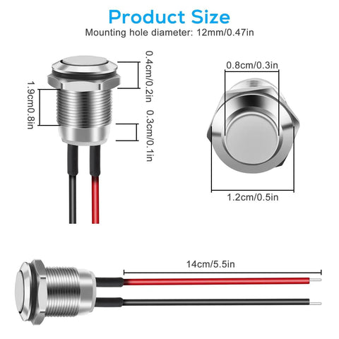 Dimensions and wiring of 12mm Momentary Push Button Switch Kit, 10 Pack, Waterproof, Prewired Mini Round Power Buttons For Cars And Boats.