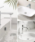 Heavy Duty Bathroom Sink Stopper With Solid Pop Up Drain Strainer And Smart Hair Catcher Design shown in chrome sinks with water flow.
