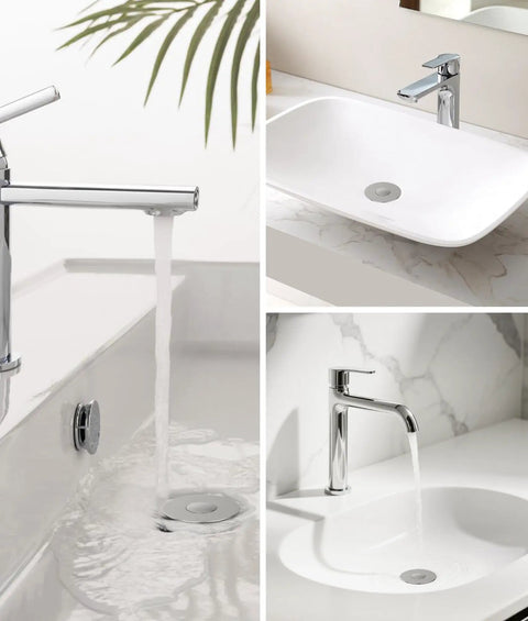 Heavy Duty Bathroom Sink Stopper With Solid Pop Up Drain Strainer And Smart Hair Catcher Design shown in chrome sinks with water flow.