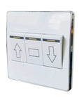 Anbaochi 10A Wall Switch For Chandelier Hoist Lifter, Electric Motor Winch Controller With Emergency Stop Button, Safe Wall Mount Accessory For Smooth Light Height Adjustment And Easy Operation, white panel with three buttons.