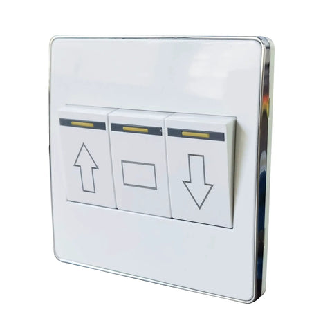 Anbaochi 10A Wall Switch For Chandelier Hoist Lifter, Electric Motor Winch Controller With Emergency Stop Button, Safe Wall Mount Accessory For Smooth Light Height Adjustment And Easy Operation, white panel with three buttons.