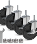 Four Inch Brake Stem Casters With Lock Nuts Swivel Rubber Wheels Three Eighths Inch Stem Sixteen Threads Per Inch By One Inch Long