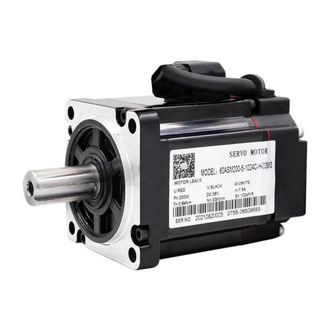 Low Voltage 36V DC Servo Motor With 200W Power And 1024 Line Encoder For 3D Printers, black casing, silver output shaft, label side view