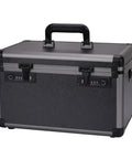 Portable Aluminum Tool Box Organizer Chest With Dual Password Lock, heavy duty metal storage for garage or workshop, sturdy aluminum case.